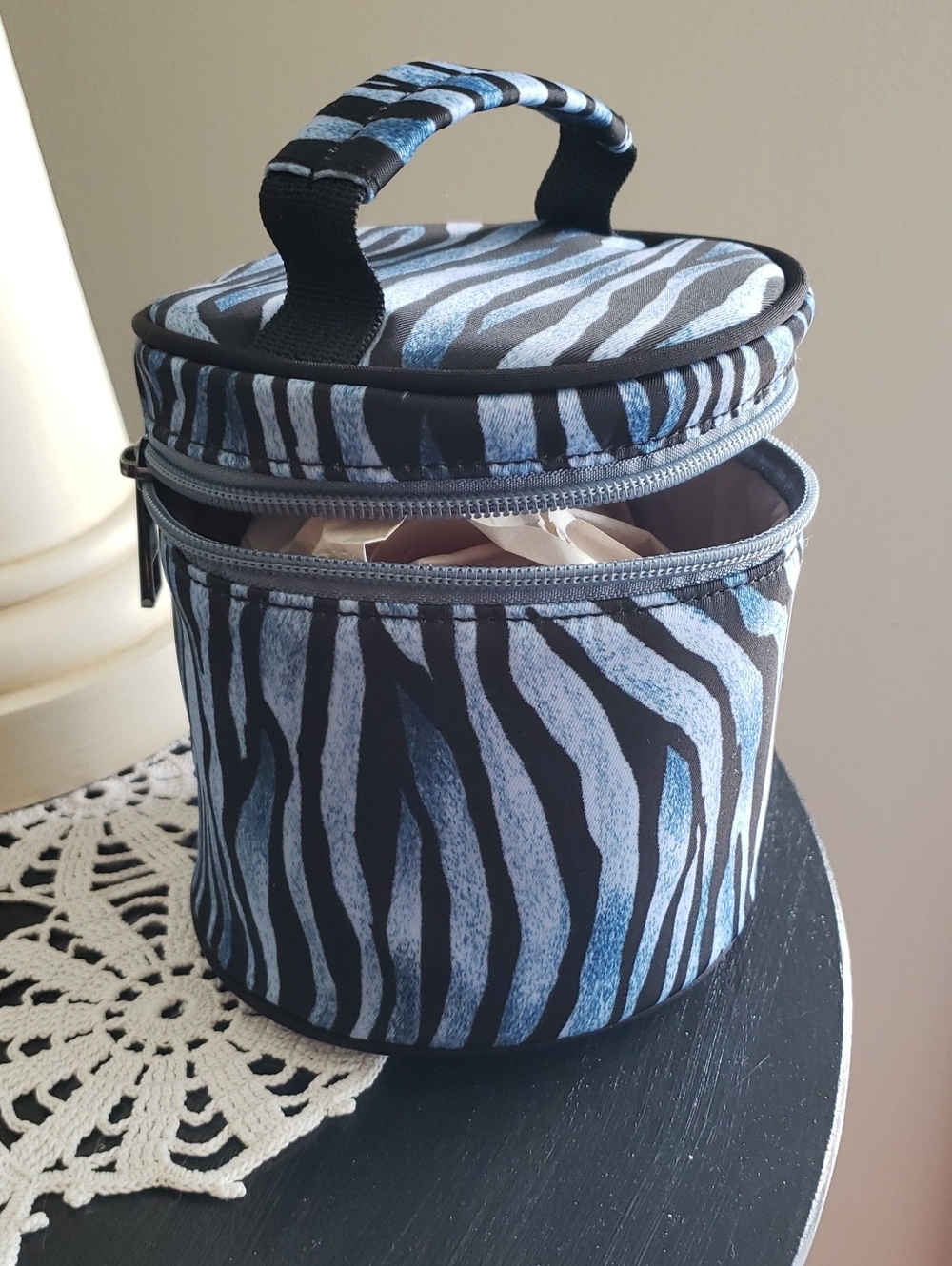Zebra Print Round Cosmetic Case - Blue & Black